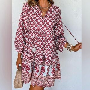 Zara Indian Floral Cotton tunic tassel mini dress Resortwear Boho Ibiza Large